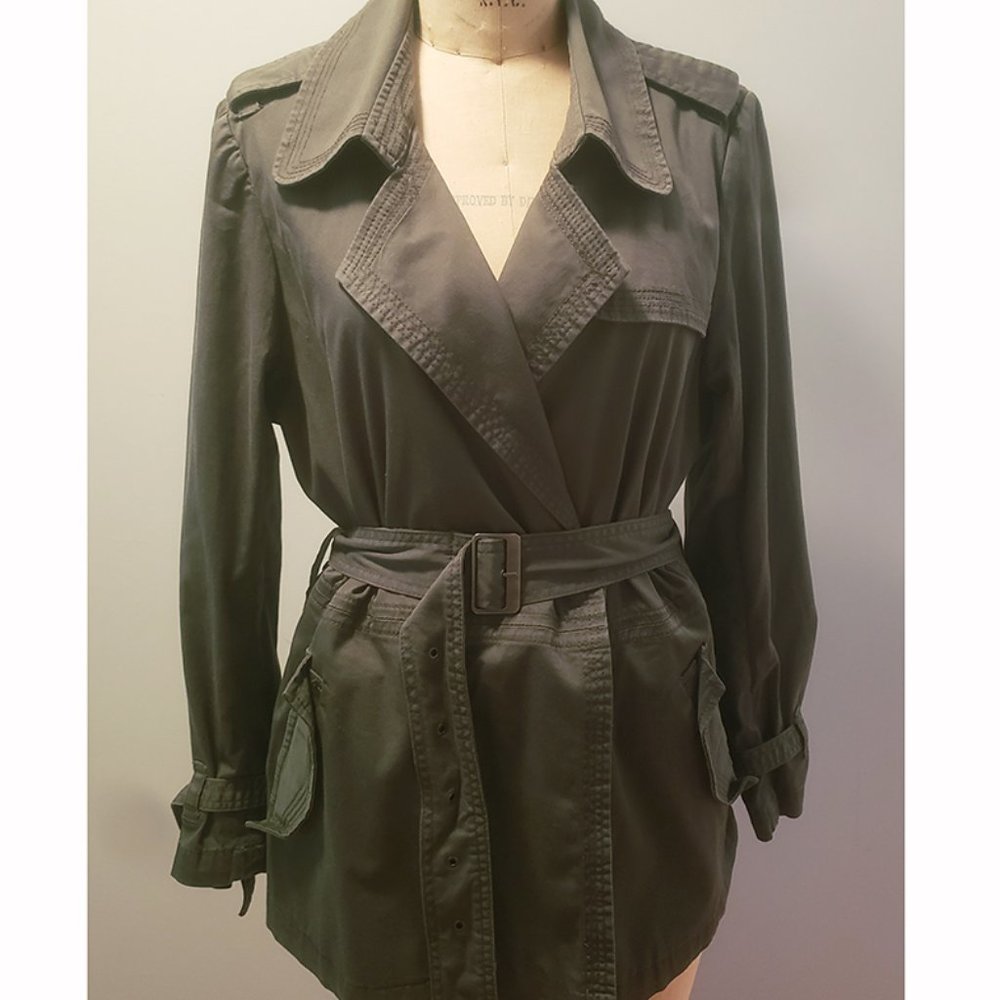 COLDWATER CREEK BELTED, WRAP FRONT CARGO JACKET, OLIVE KHAKI, SIZE 16, LIKE NEW